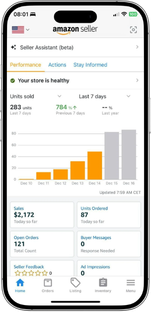 Application Amazon Seller sur iPhone affichant 283 ventes - performance boutique Amazon FBA